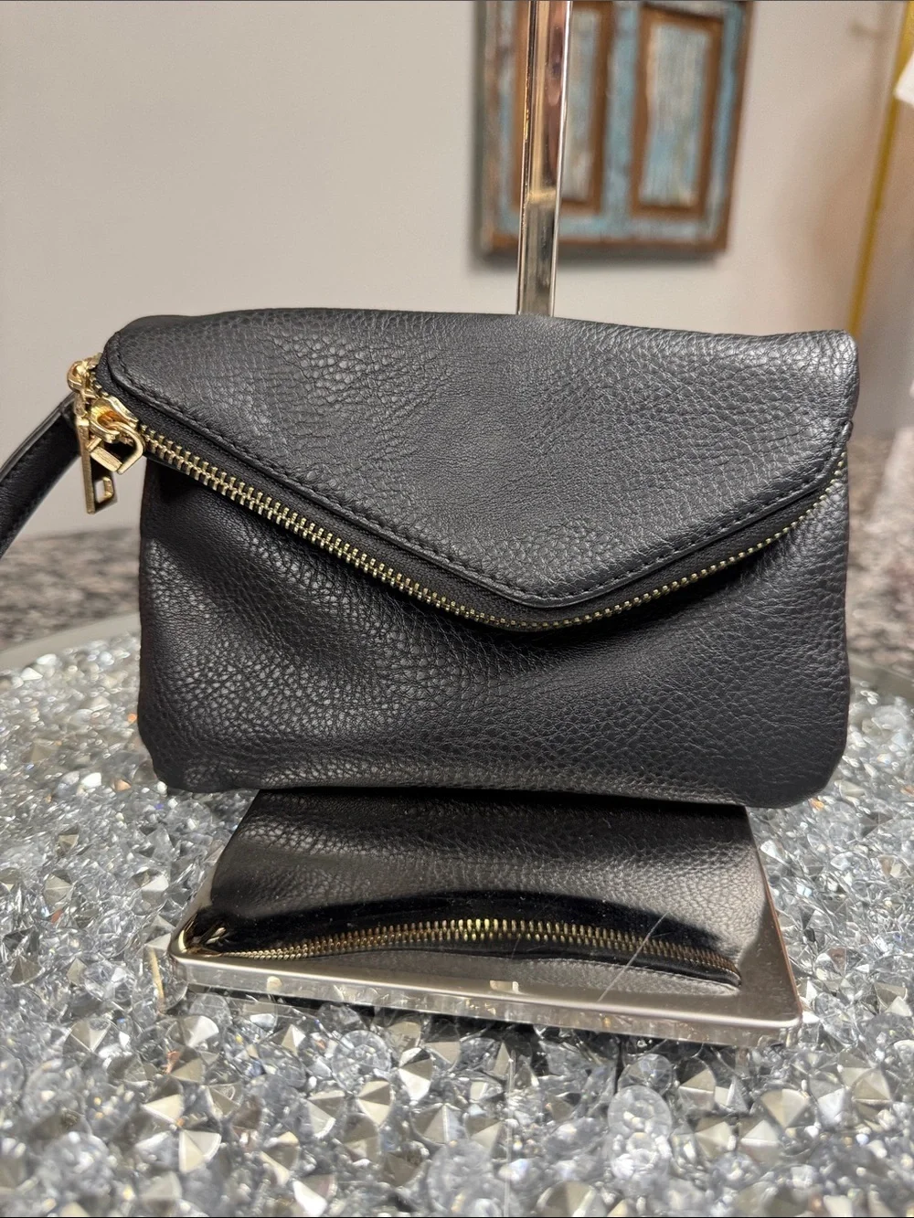 Urban Expressions Black Leather Wristlet Clutch with Gold Hardware EUC